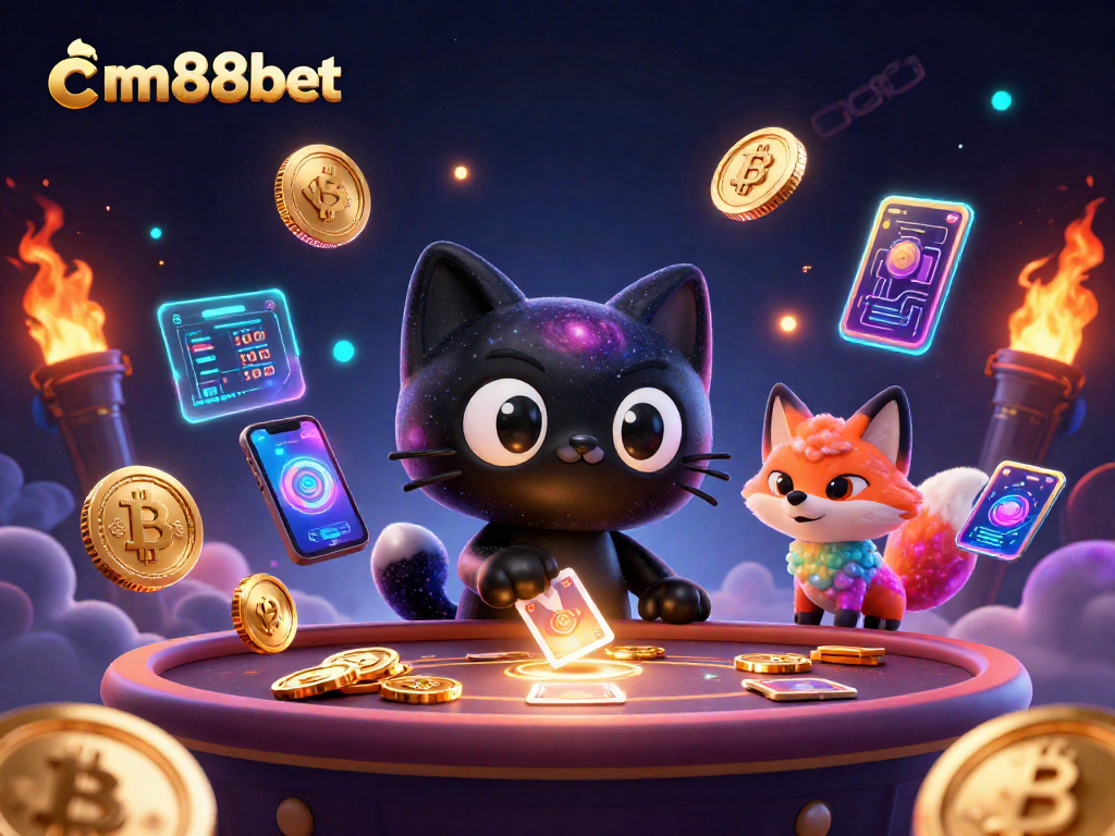 Experience thrilling gameplay at cm88bet with a cosmic cat and colorful fox amidst dazzling casino elements.