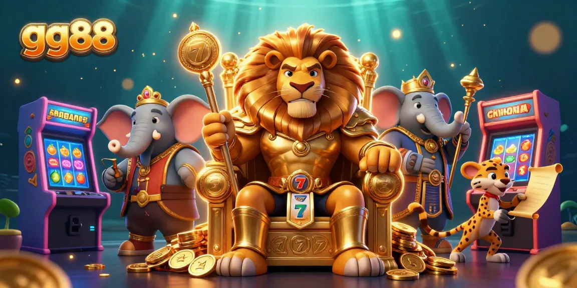 Experience the thrilling atmosphere of gg88 with a 3D lion king surrounded by exciting casino elements.