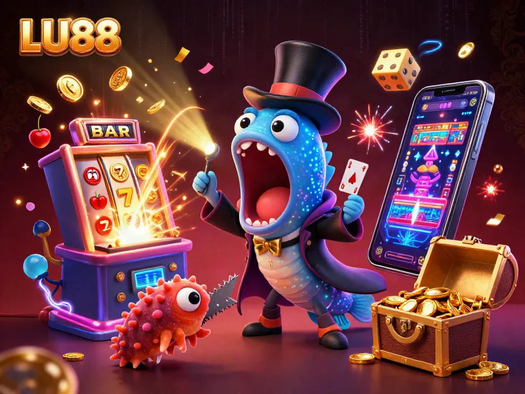 Experience thrilling gameplay at LU88 casino with vibrant illustrations of exciting card tricks and jackpot wins.