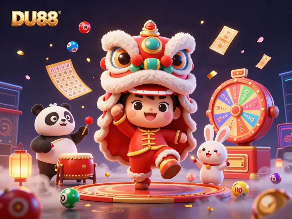 Experience winning opportunities at DU88 with vibrant lottery elements and festive characters.