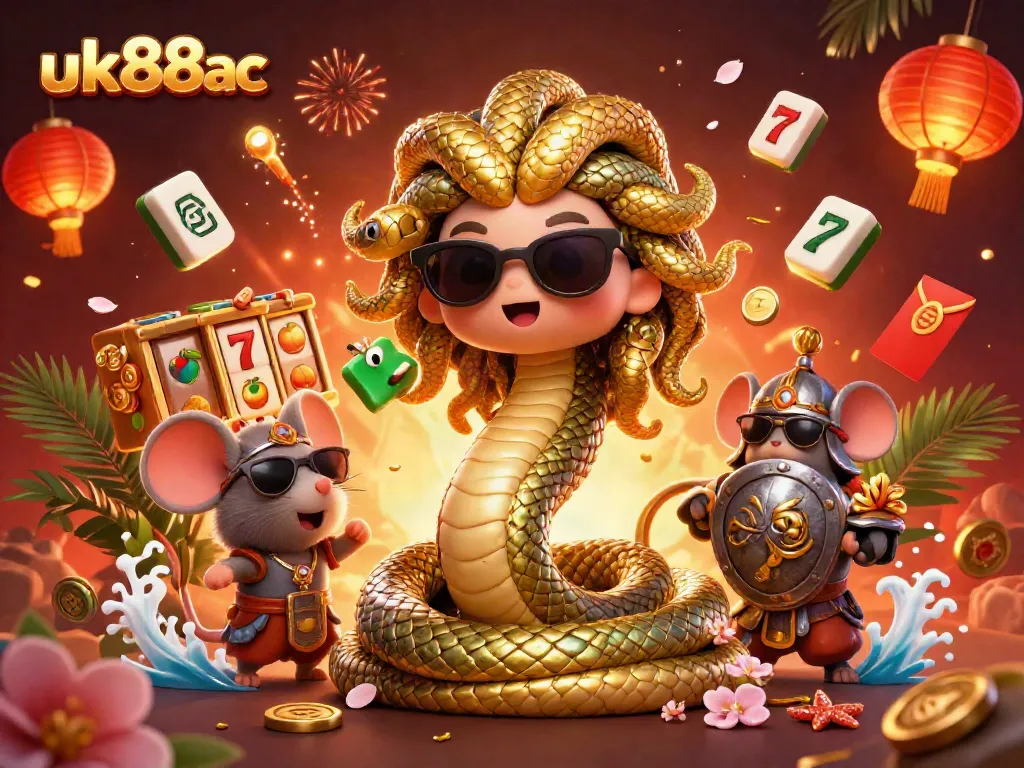 Engage with exciting slots at uk88ac, showcasing vibrant reels and whimsical characters in a packed casino scene.