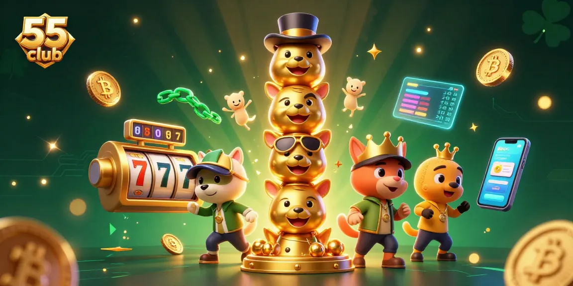 Engage with the 55 club's dynamic gaming scene featuring a golden totem pole amidst vibrant slot elements and cryptocurrency.