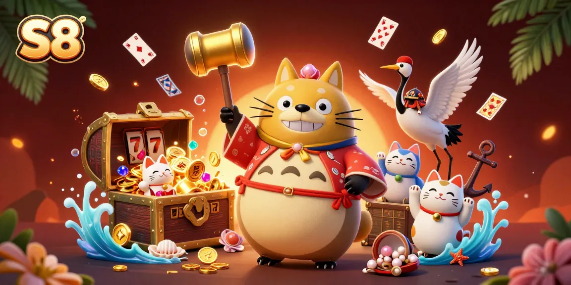 S8 brings luck with its cheerful tanuki and vibrant casino elements in this animated scene.