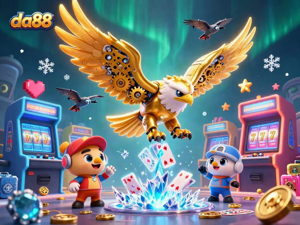 Experience da88's thrilling casino adventure with a cybernetic eagle diving through holographic cards.