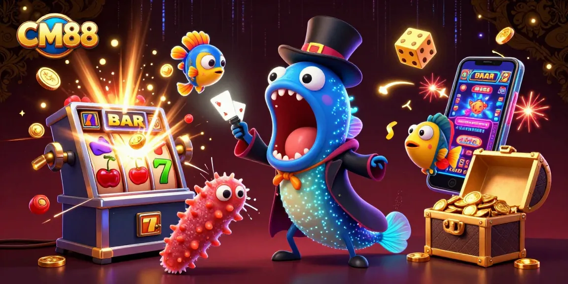 Enjoy exciting CM88 online gaming experiences with vibrant slot machines and captivating casino characters.